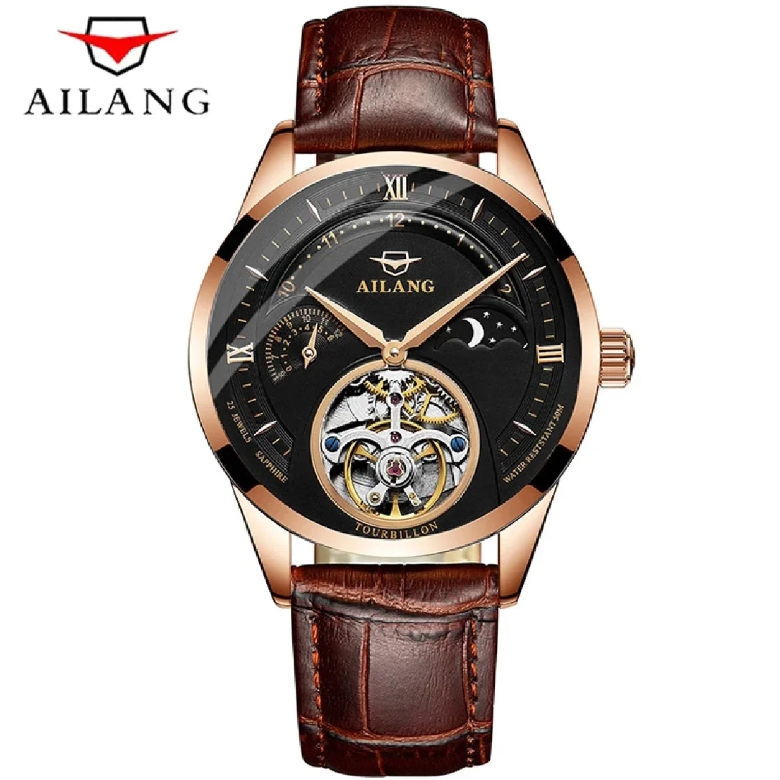 

AILANG 2023 New Fashion Business Leather Waterproof Automatic Mechanical Tourbillon Hollow Mens Watches Relogio Masculino 8607B