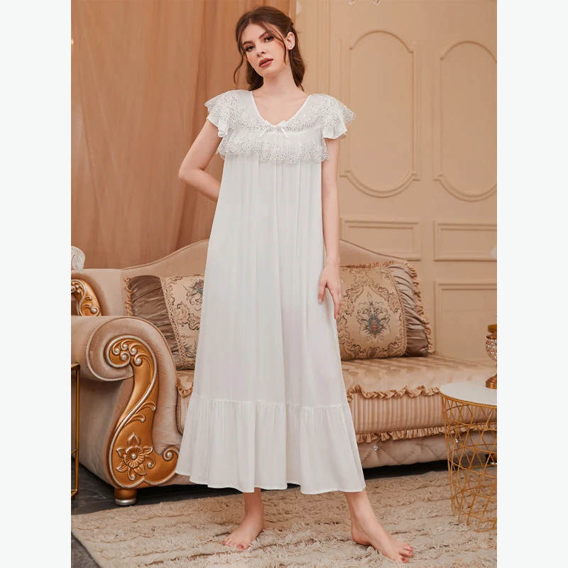 MAYMOLI Palace Style Women's Home Dress Solid Color V -neck Beaded Lace Night Dresses Sleepwear 2022 Fashion Nightie