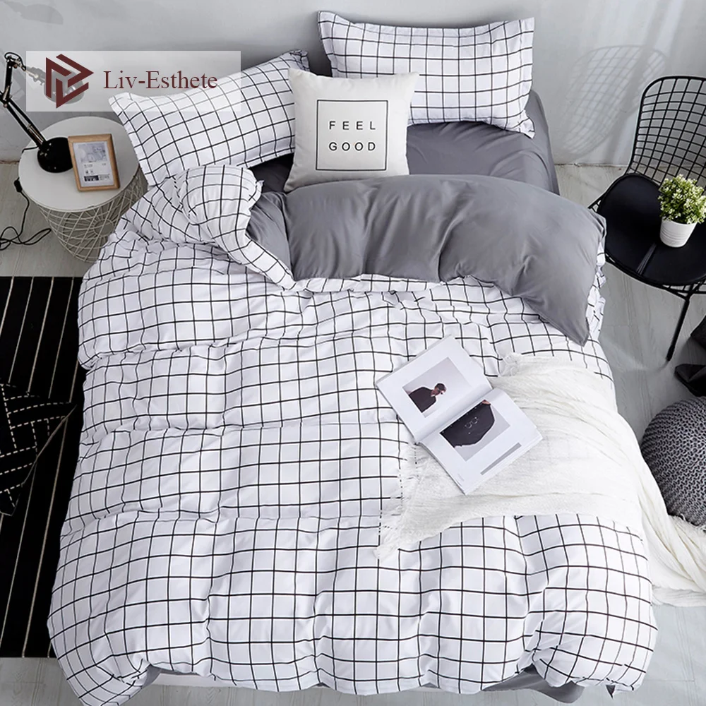 

Moda 2021 clássico preto branco grade conjunto de cama dupla rainha rei lençóis capa edredão fronha para crianças adultos