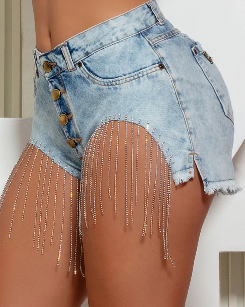 

Tassel Design Button Fly Raw Hem Denim Shorts Women Sexy Denim Jeans Shorts Pants Summer