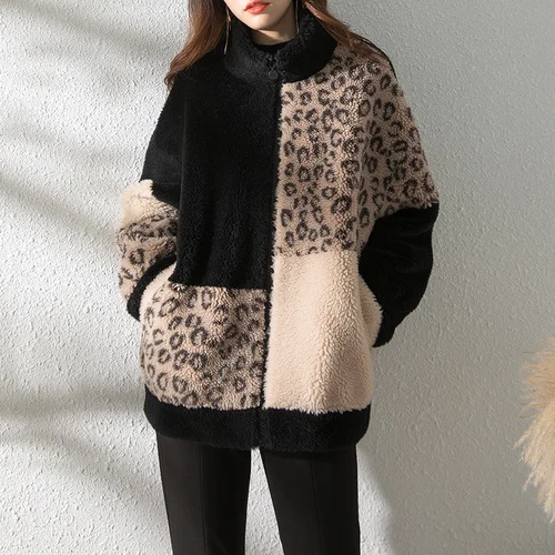 

Casual Oversize Real Wool Jacket Women's Fur Coat 2023 Winter Street Leopard Sheep Shearing Jackets Manteau Femme Gxy1191