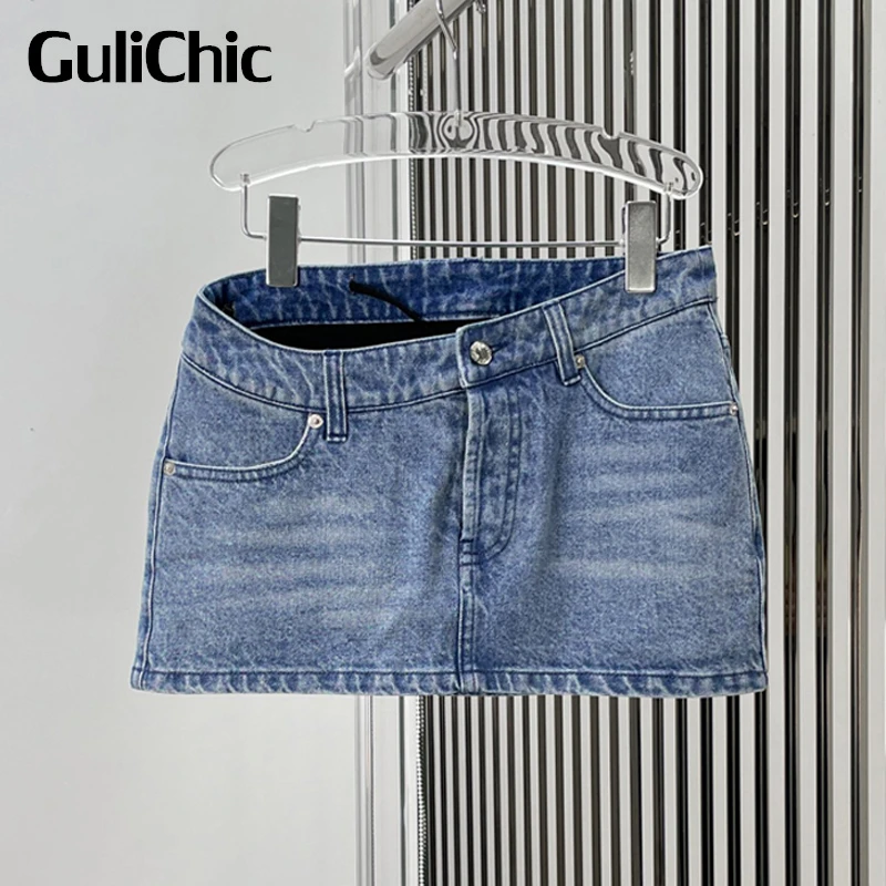 

7.2 GuliChic Fashion Irregular Letter Strap Decoration Denim Mini Skirt Women