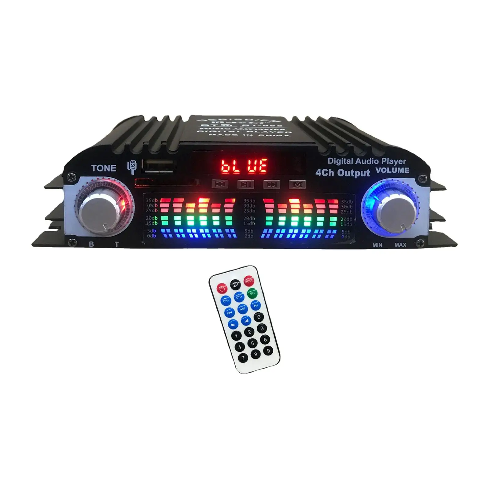 

HiFi Stereo Power Amplifier DC 12V Remote Control FM SD USB 4 Channel Karaoke Player Audio Receiver for Home Theater Bar Party