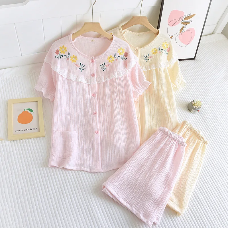 

O-neck Raglan Short-sleeved Shorts Pajama Set Women Soft 100% Cotton Summer Thin Embroidered Stitching Home Wear Fluffy Pajamas