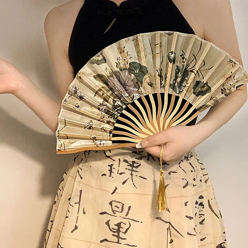 Винтажный Бамбуковый Складной Веер С Цветочным Принтом Волнистая Форма Ручной