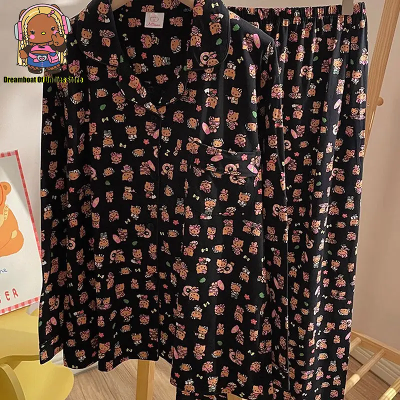 Черная Гавайская Пижама Hellokitty для отпуска женские пижамные комплекты с длинным