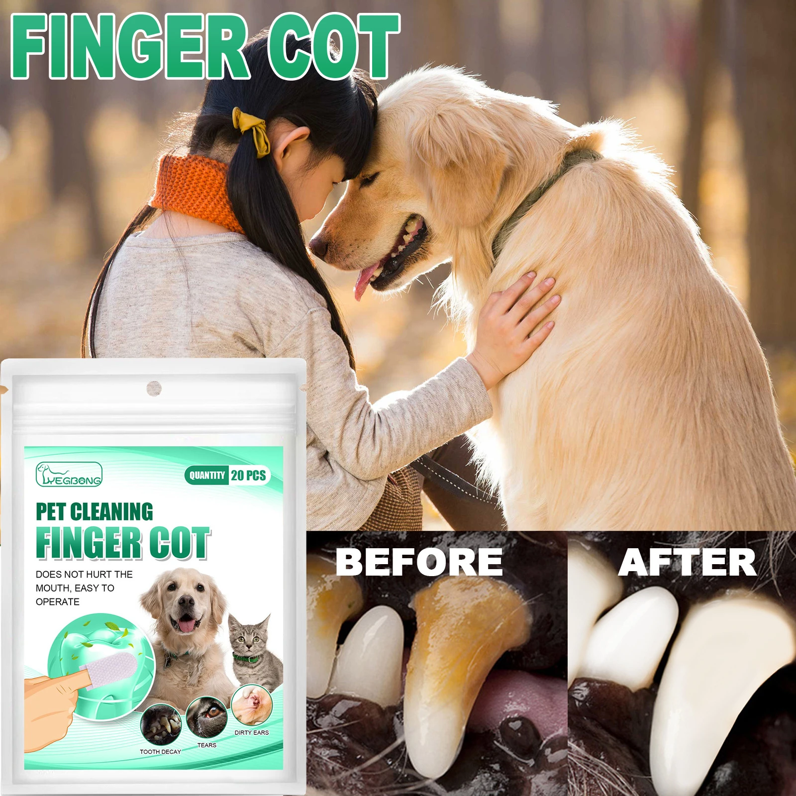 20pcs/bag Pet Teeth Finger Cot Finger Wet Wipes Remove Tartar Cochlear Cleaning for Dog Cat Oral Care Finger Cover Accessories