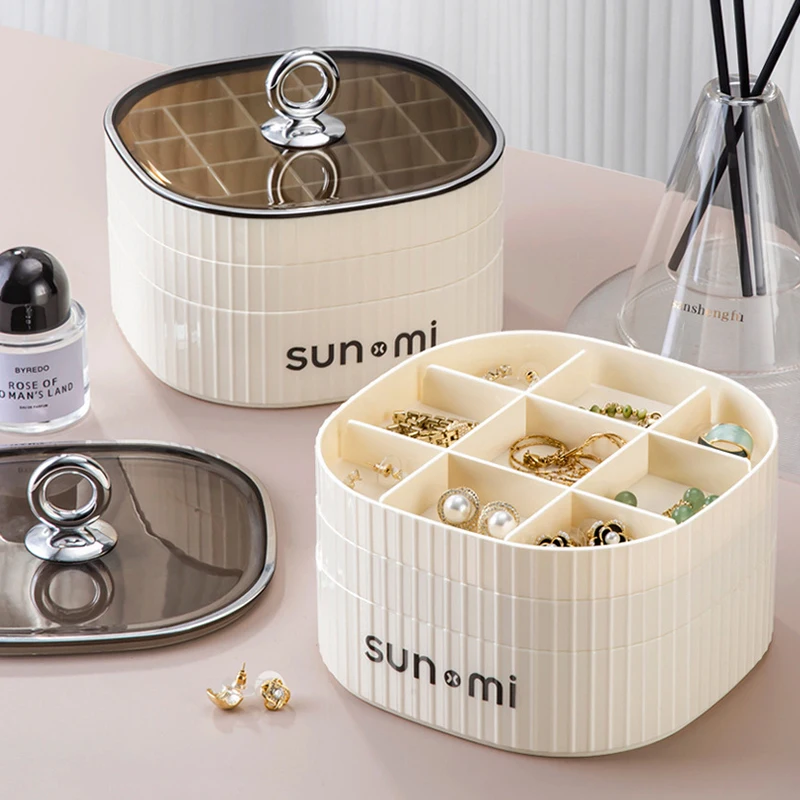 

Multi-layer Grid Jewelry Box with Dust Cover Light Luxury Cream White Jewelry Storage Boxes 3-layer Detachable Organization Bins