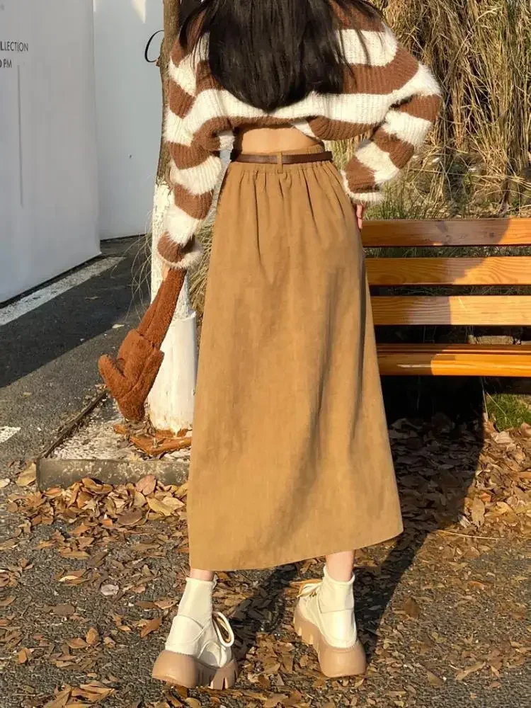 Женская коричневая юбка в Корейском стиле Осень-зима 2024 черная Вельветовая