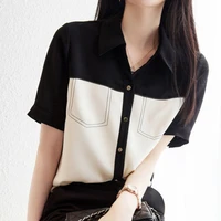 korea 2022 summer new lapel short sleeved fit hit color washed top line shirt womens top color matching shirt womans tops