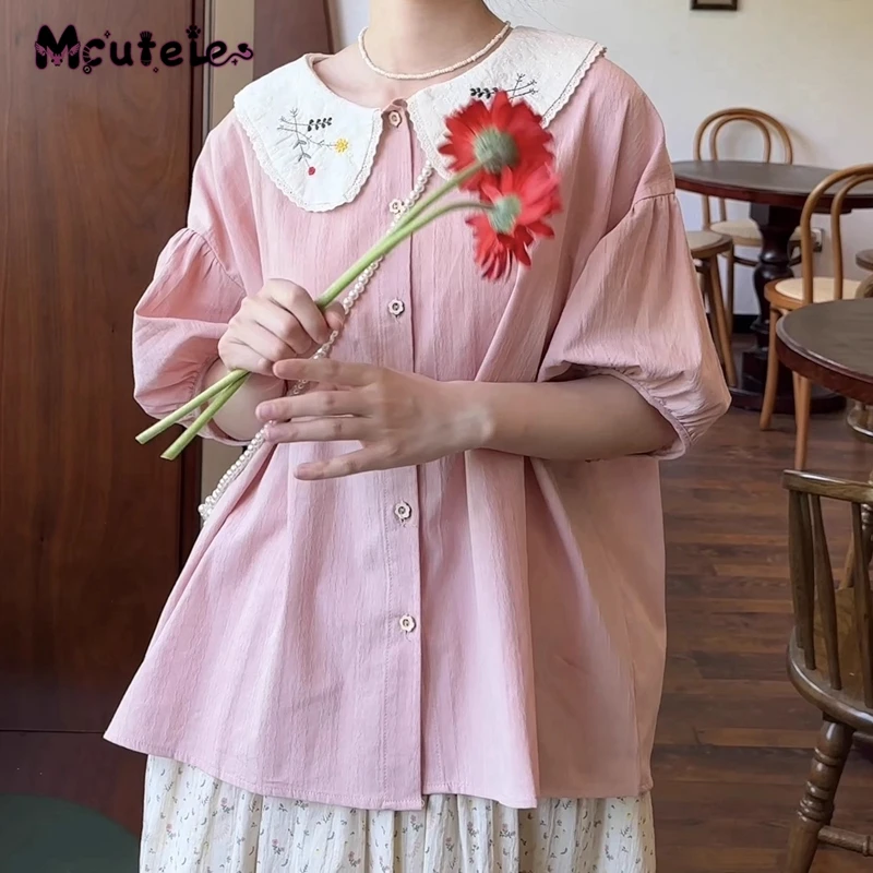 

Summer Mori Girl Lace Embroidery Shirts Sweet Peter Pan Collar Puff Sleeves Shirt Cotton Loose Casual Blouse Women Preppy Style