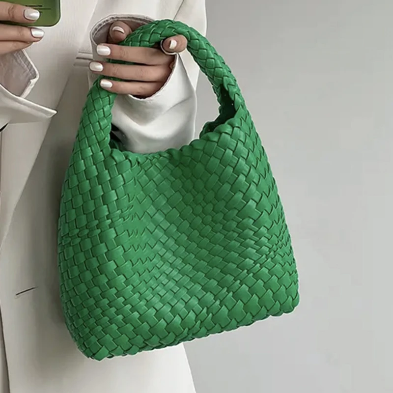 

Модное вязаное ведро из искусственной кожи для женщин, элегантная женская повседневная сумка-тоут для офиса, тканые кошельки, высококачественные однотонные сумки