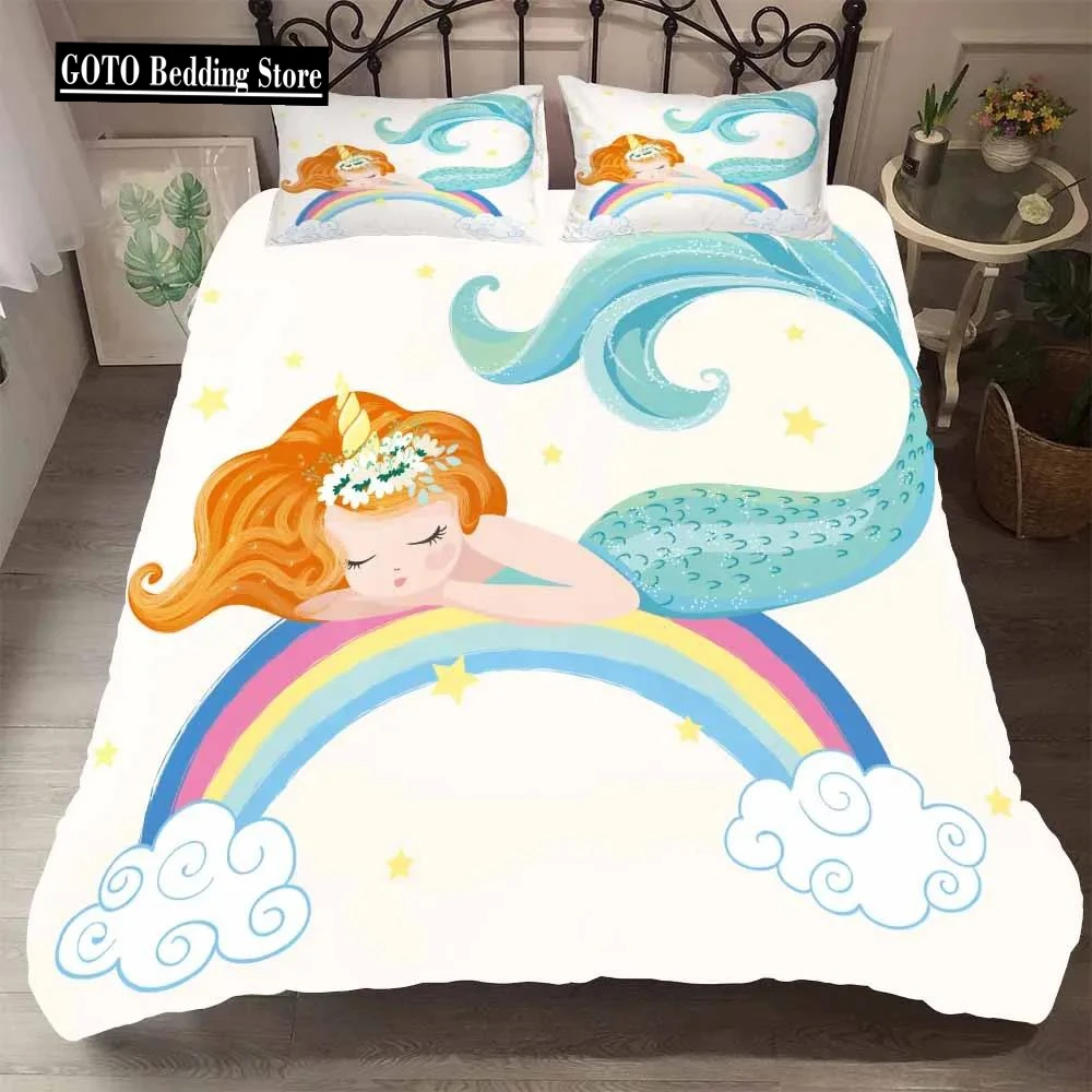 Bedclothes Unicorn Rainbow Mermaid White Double Bed Duvet Cover Set Princess Comforter Dekbedovertrek 1 Persoons Twin Full