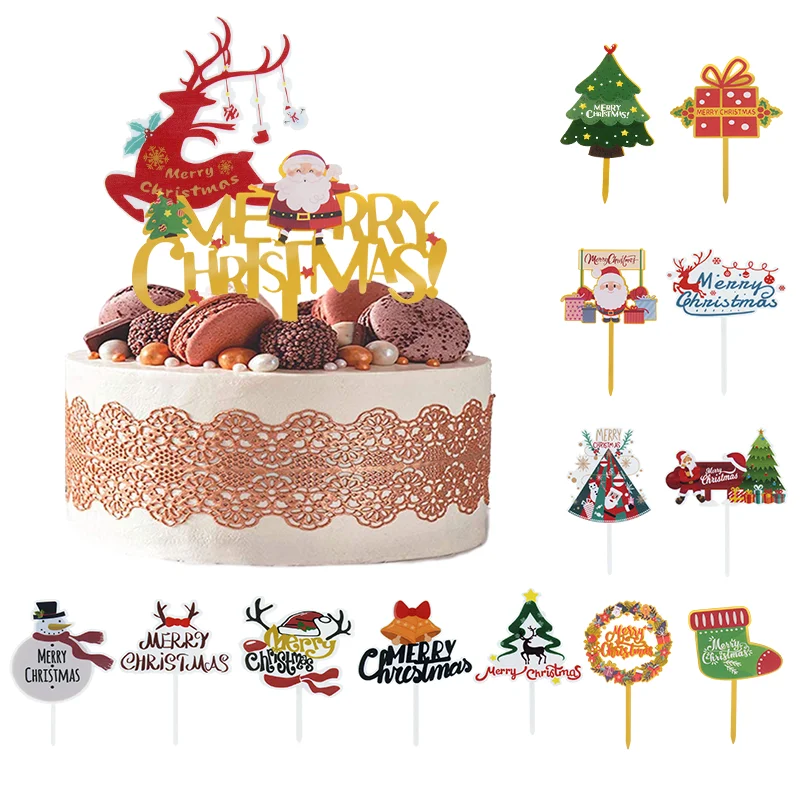 

Merry Christmas Cake Toppers Cartoon Elk Santa Claus Cupcake Insert Flags Happy New Year DIY Baking Kids Party Home Decoration