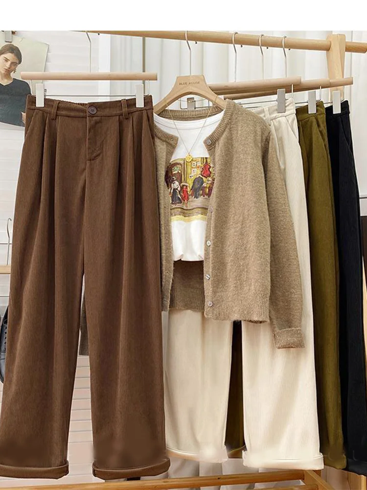 Casual Corduroy Wide Leg Pants Women Baggy High Waist New Straight Patalones Korean Basic Spodnie Spring Fall Trousers