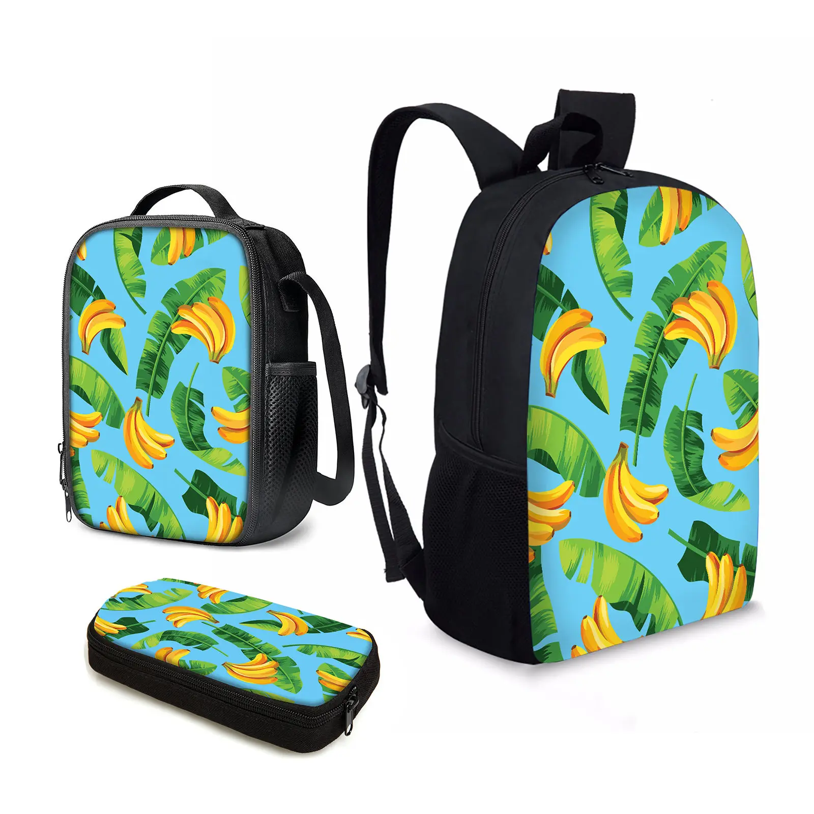 YIKELUO 3D Banana Leaf Banana Pattern Youth Casual Backpack Blue Zip Laptop Bag Tropical Fruit Print Stylish Lunch Bag Knapsack