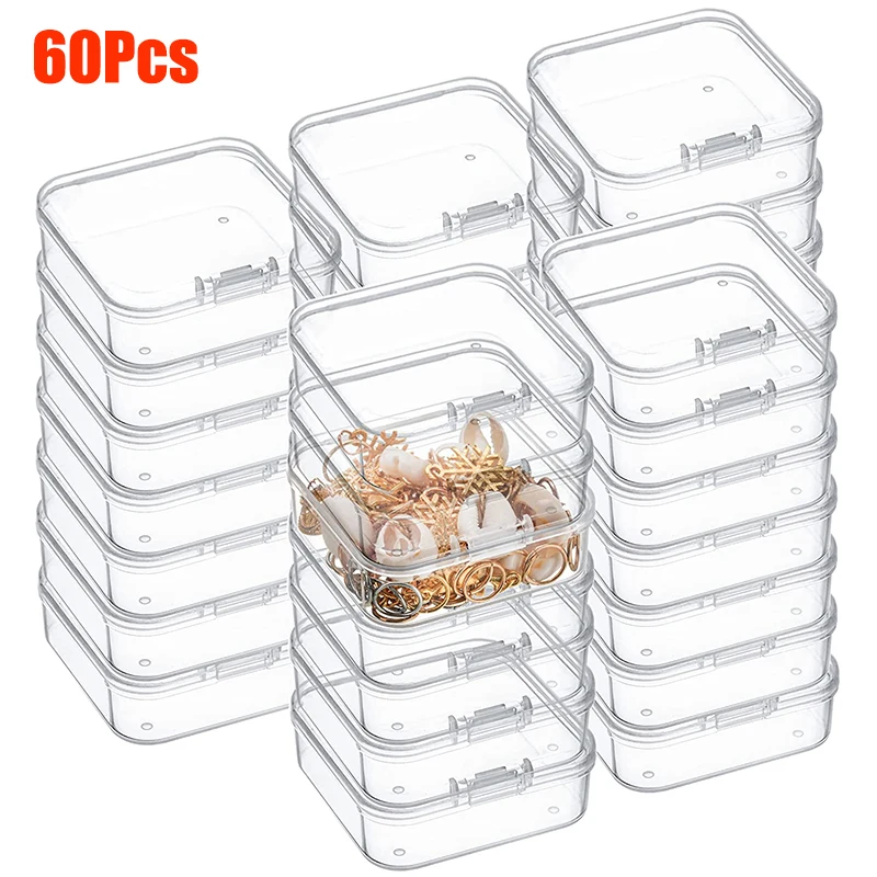 

60Pcs Mini Plastic Storage Box Transparent Square Box Earrings Jewelry Packaging Storage Small Square Box Home Organizer