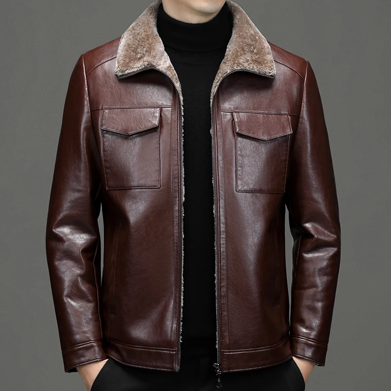

Мужская кожаная куртка ZDT-8009, осенне-зимняя утепленная теплая Высококачественная деловая Повседневная куртка с мехом