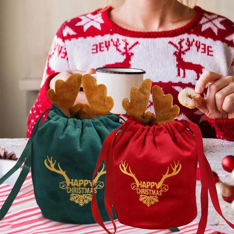 5/10Pcs Christmas Gift Bags Velvet Drawstring Presents Elk Antlers Reindeer Packing Bags for Xmas Party Favor Wrapping Decor