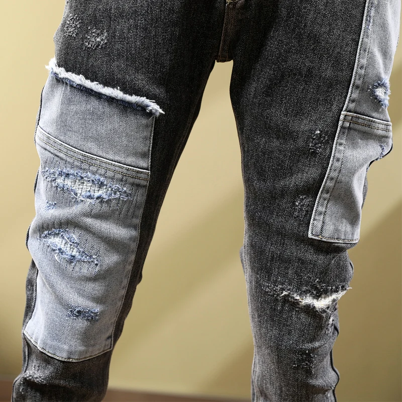 High Street Fashion Men Jeans Retro Black Gray Elastic Skinny Fit Ripped Jeans Men Patched Designer Hip Hop Stretch Pants Hombre