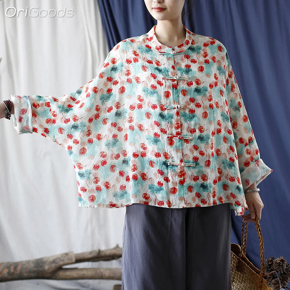 OriGoods Рубашка с рукавами летучих мышей блузка женский супер - рамин вишнёвый принт