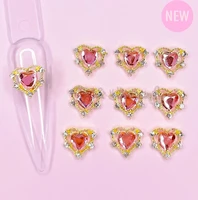 double heart pink crystal 10pcs nail charms for nail art alloy accessories aurora gems jewelry for heart nail rhinestone