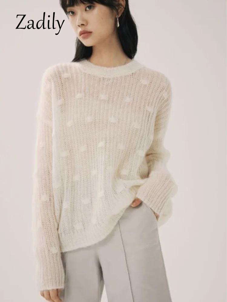 

Winter Korean style Long Sleeve Loose White Sweater Women Minimalist Style Hollow Out Ladies Pullover Female Tops