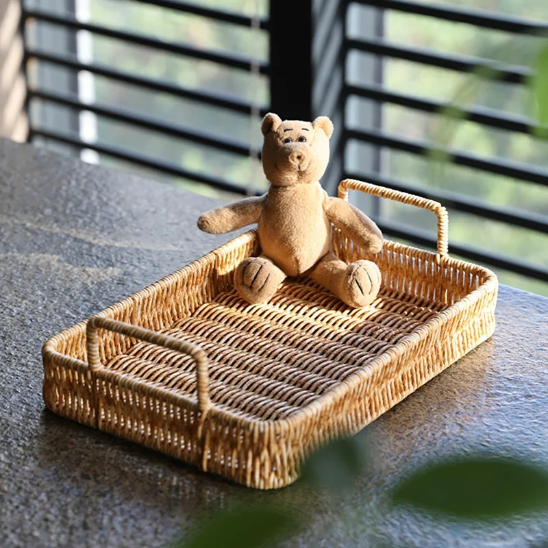 

Rectangular Food Serving Holders Plastic Storage Tray with Handle Imitation Rattan Weaving Bread Basket Sundries Plate
