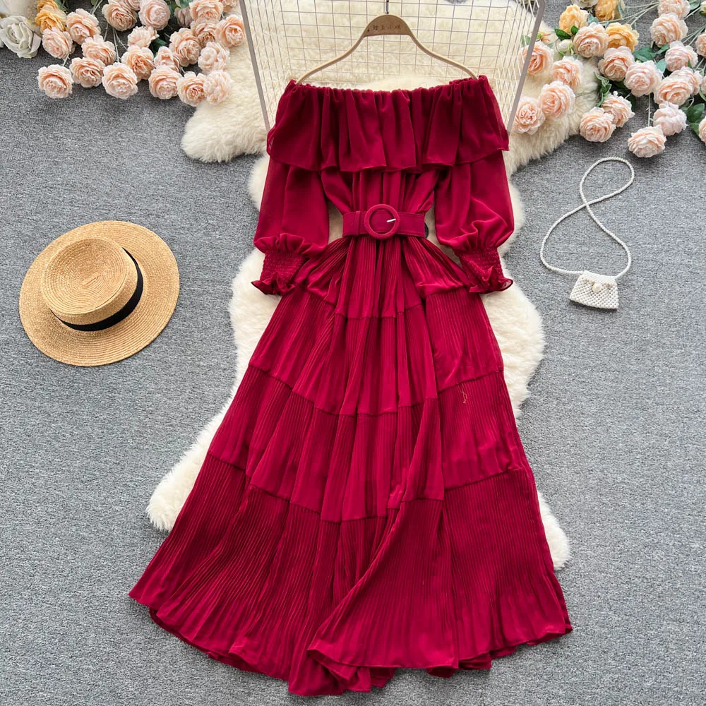 

Vintage Pleated Slash Neck Off Shoulder High Waist Dress Long Sleeve Dress Chic Summer Beach Vestidos Women Vacation Sundress