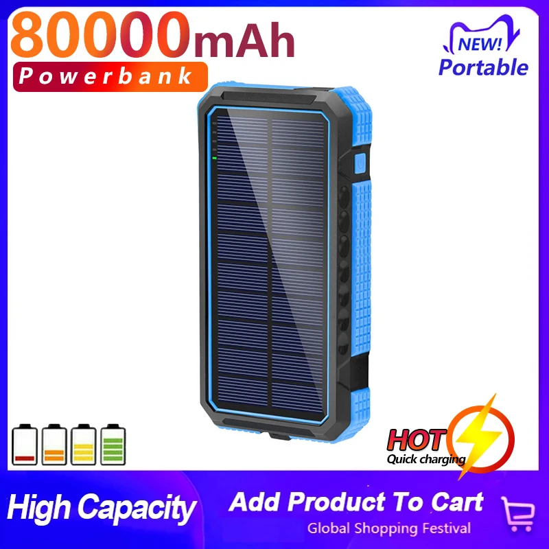 

80000mAhSolar Power Bank Wireless Charging Powerbank Waterproof Solar External Battery Fast Charger For Xiaomi Iphone13 Samsung2
