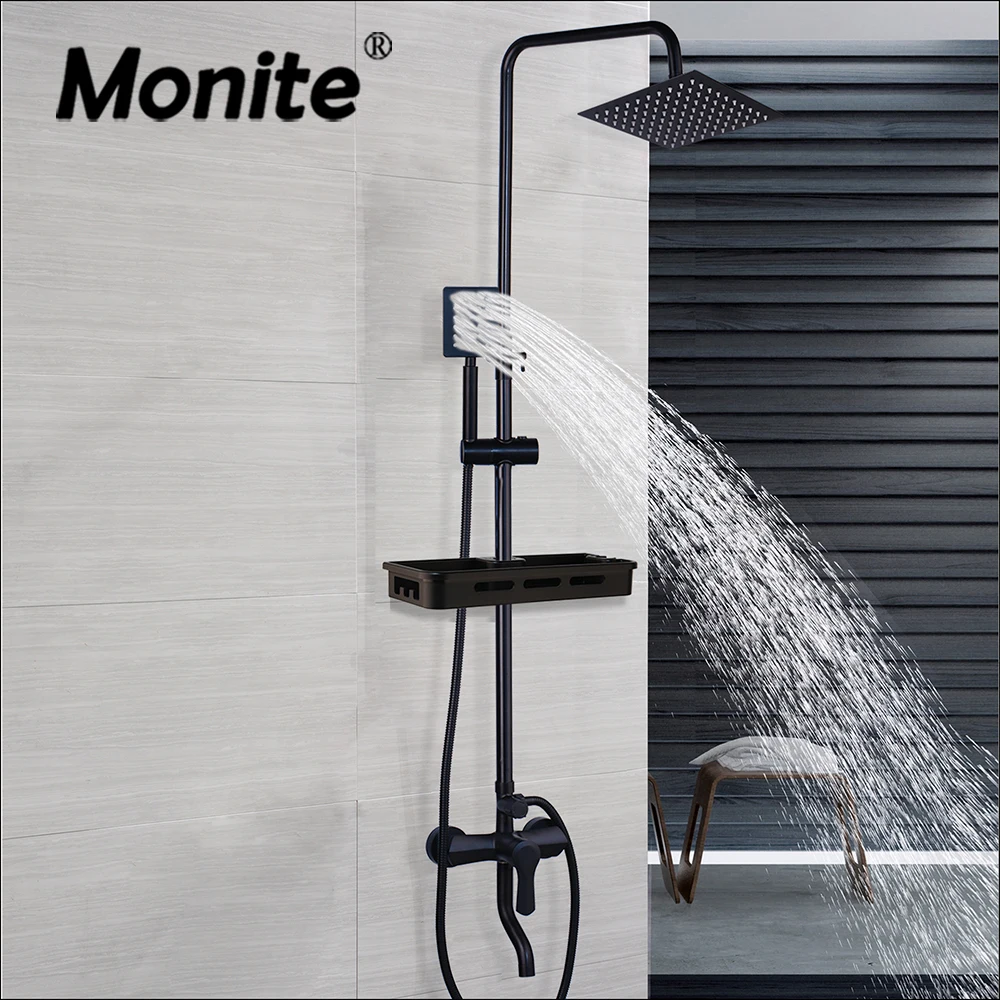 Monite-Juego de grifo de ducha de lluvia, mezclador de bañera con estante de almacenamiento, mezclador de agua, palanca única, color negro mate