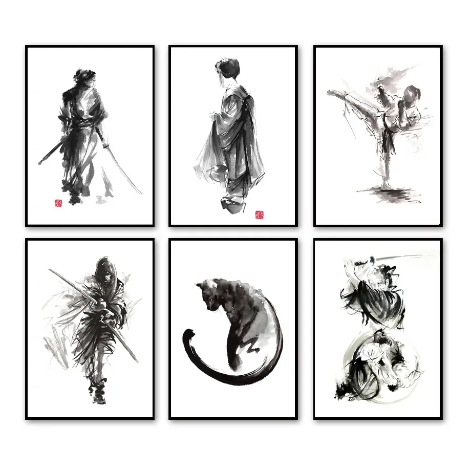 Черная кошка Шотокан Самурай гейши карате настенная Картина на холсте