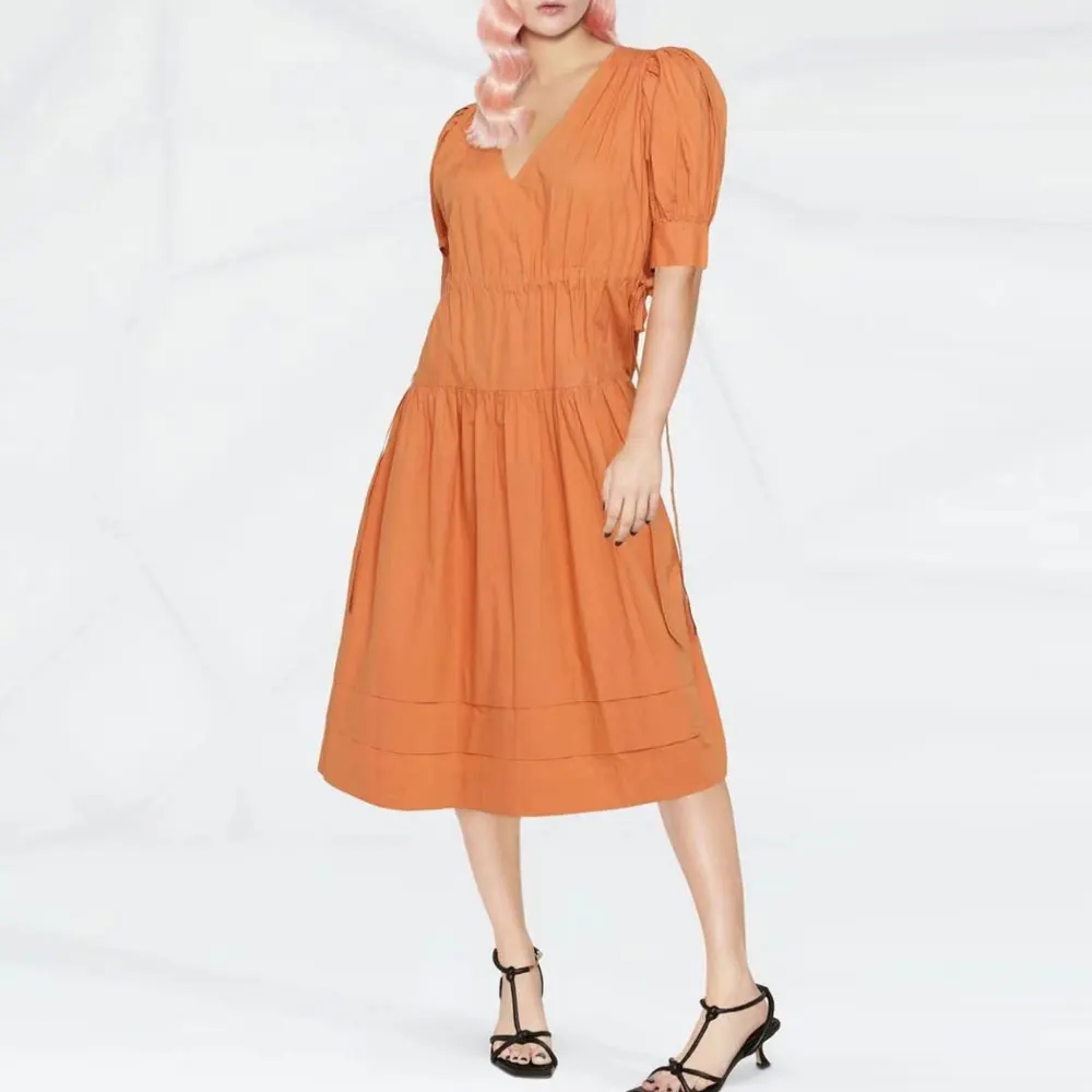 Women v-neck casual dress short puff sleeve lace-up midi dress