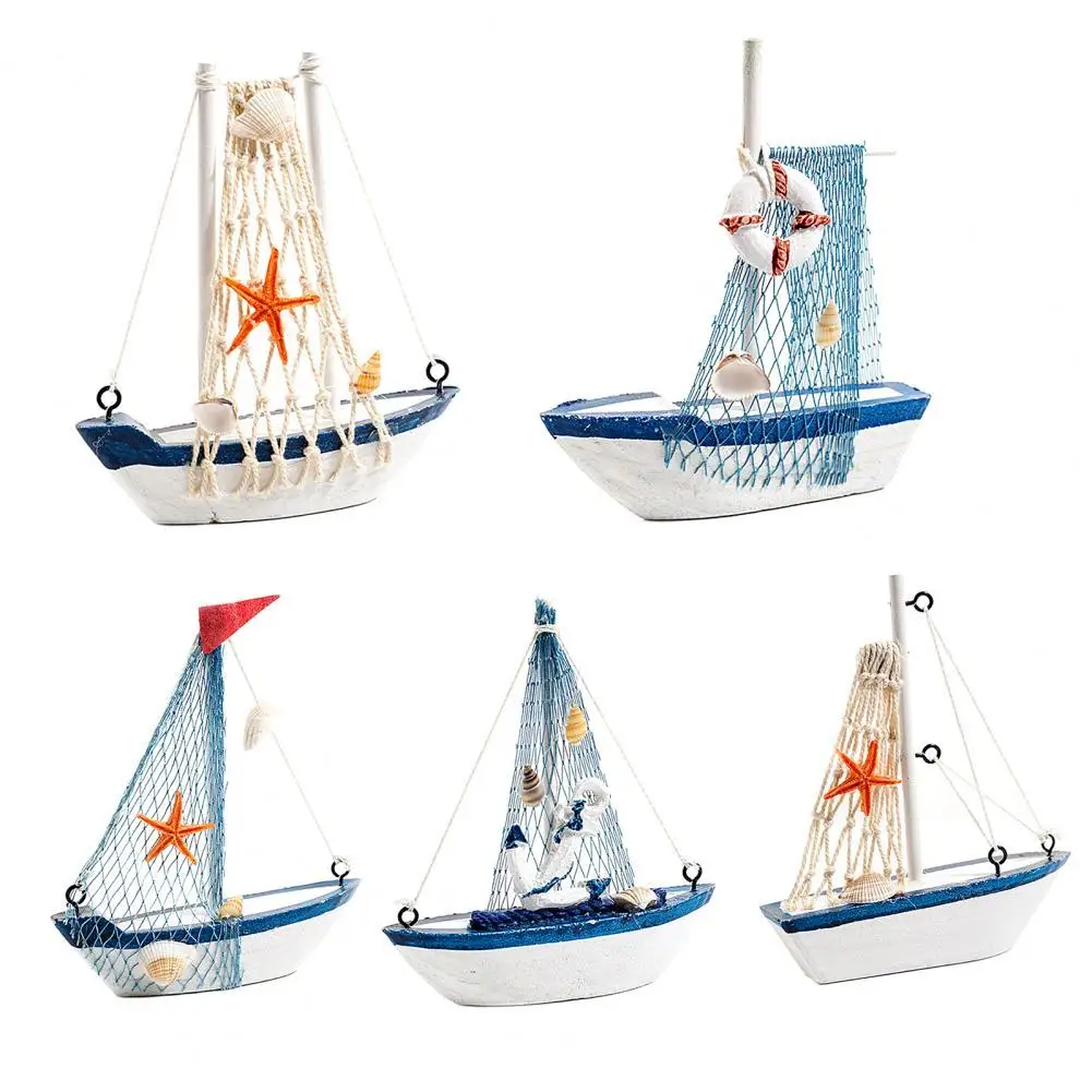 

Mediterranean Wooden Model Ships Micro Landscape Sailing Fishing Boat Garden Miniature Figurines DIY Nautical Home Decoration