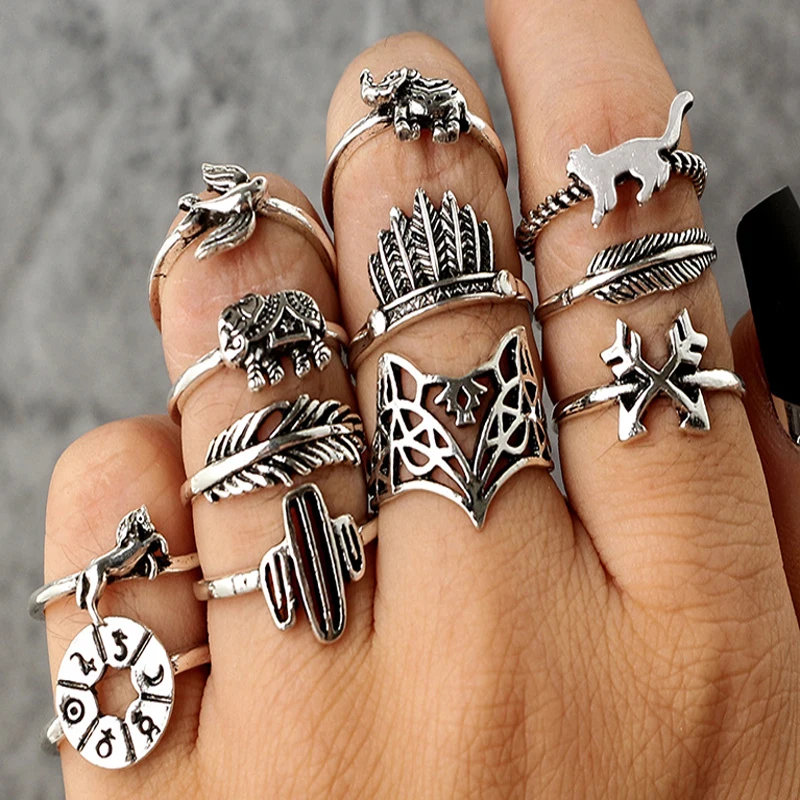 

Hiphop Vintage Animal Flower Leaf Rings Set for Women Punk Gothic Elephant Cat Bird Horse Hand Cactus Finger Rings Jewelry Gifts