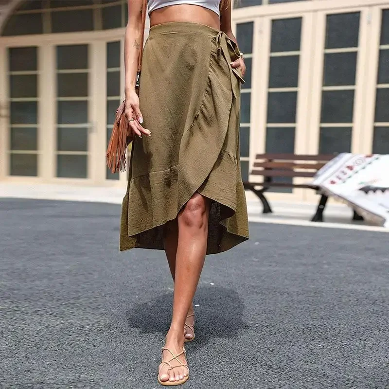 

Vintage Solid Women's Skirts New Spring/summer Loose Fit High Waist Clothing Ruffle Hipster A-LINE Split Empire Women Skirt