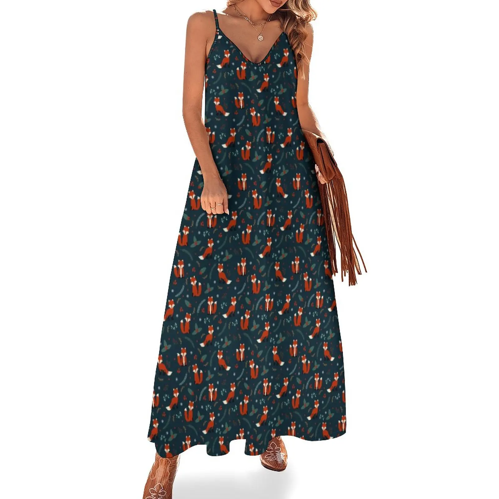 

Folly Fox Print Dress Woodland Floral Aesthetic Boho Beach Long Dresses Summer Kawaii Maxi Dress Pattern Vestidos Birthday Gift