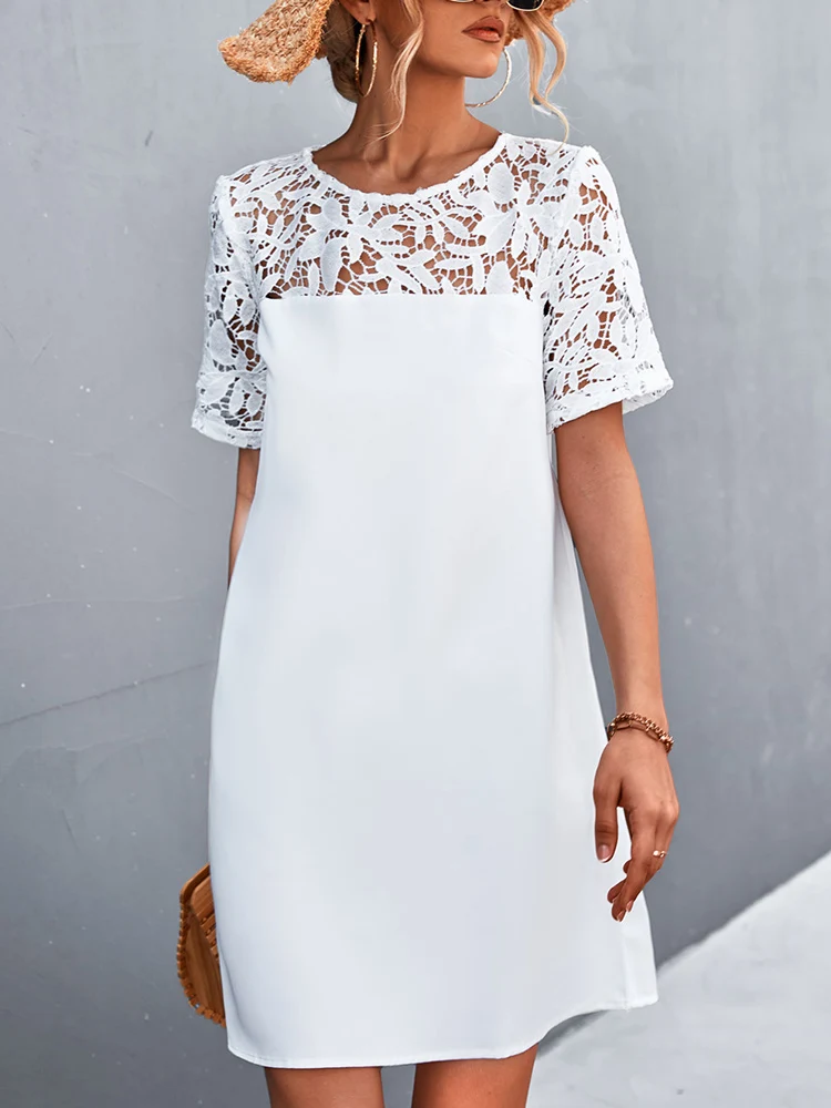 

New Lady Solid Summer Short Sleeve Mini Dress Casual O Neck Loose Party Dress Women Elegant Lace Patchwork Pullover A-line Dress