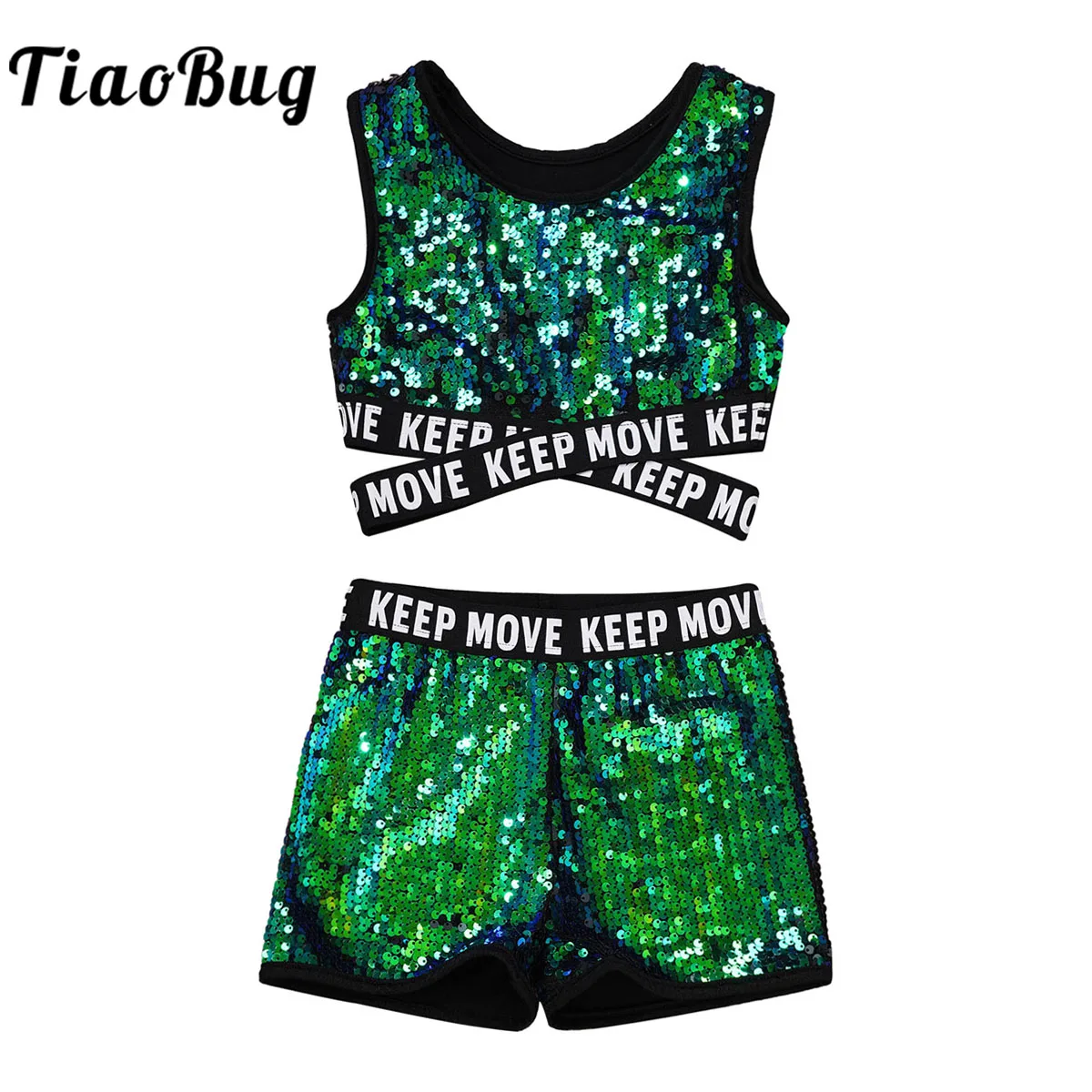 Kids Girls Sparkling Sequins Dance Clothes Sleeveless Criss Cross Straps Crop Top with Shorts Stage Performance Dancewear