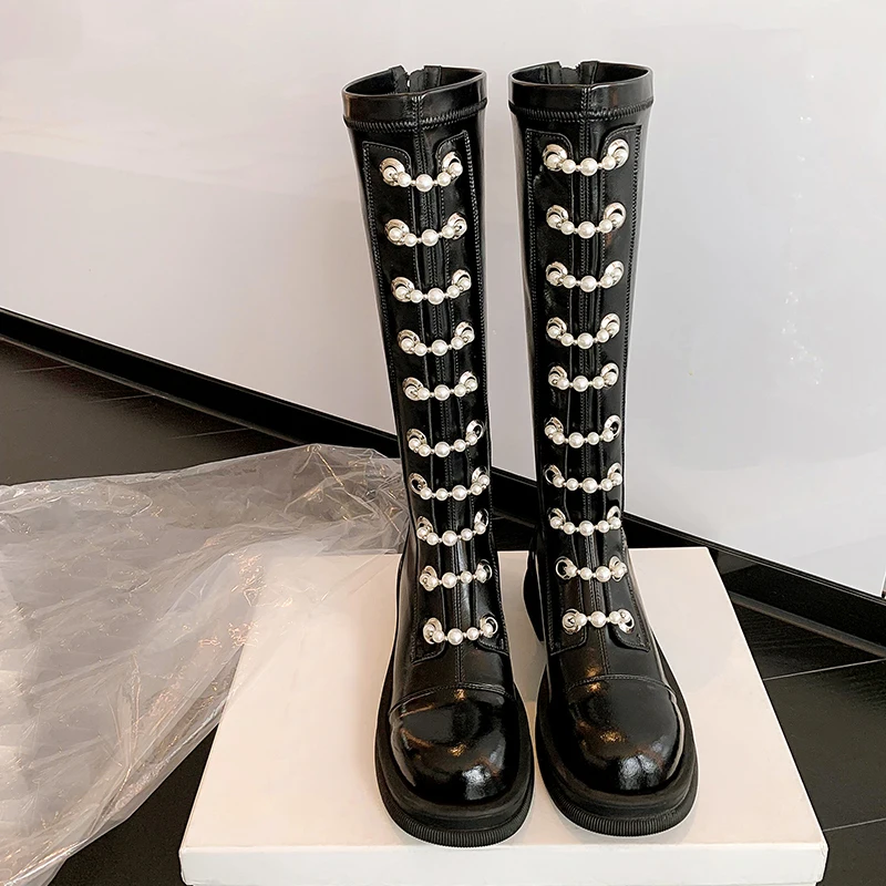

2022 New Autumn Winter Women's Knight Boots Korean Version Age Reduction Pearl Thick Base Long Boots