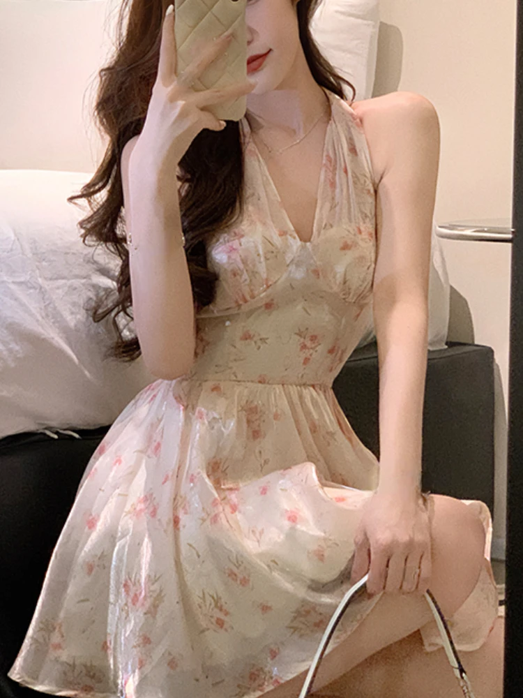 

2023 Summer Floral Backless Mini Dress Women Even Party Sexy Strap Dress Female French Bodycon Korean Fashion Clothing Chic