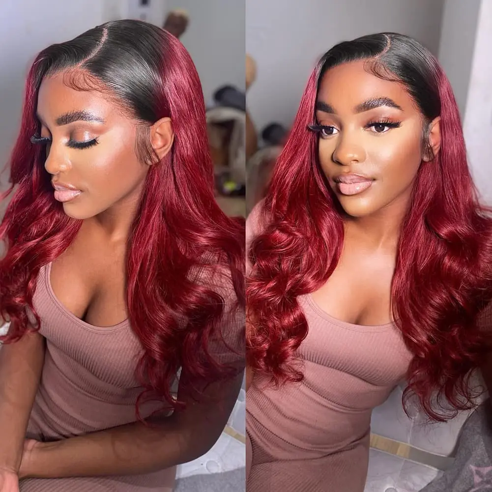 

Burgundy 5x5 Glueless Human Hair Lace Closure Wigs Bling Hair Body Wave Omber 1B/99J Wear and Go HD Transparent Lace Front Wigs