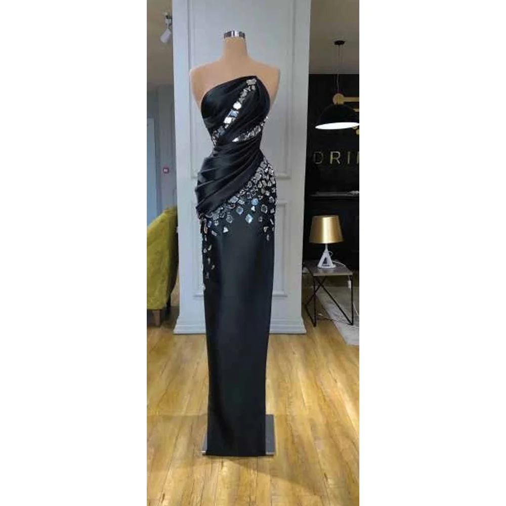 

Black Formal Prom Dresses Sleeveless Crystals Soft Satin Pleated Floor-Length Evening Party Gown Custom Made Robes De Soirée
