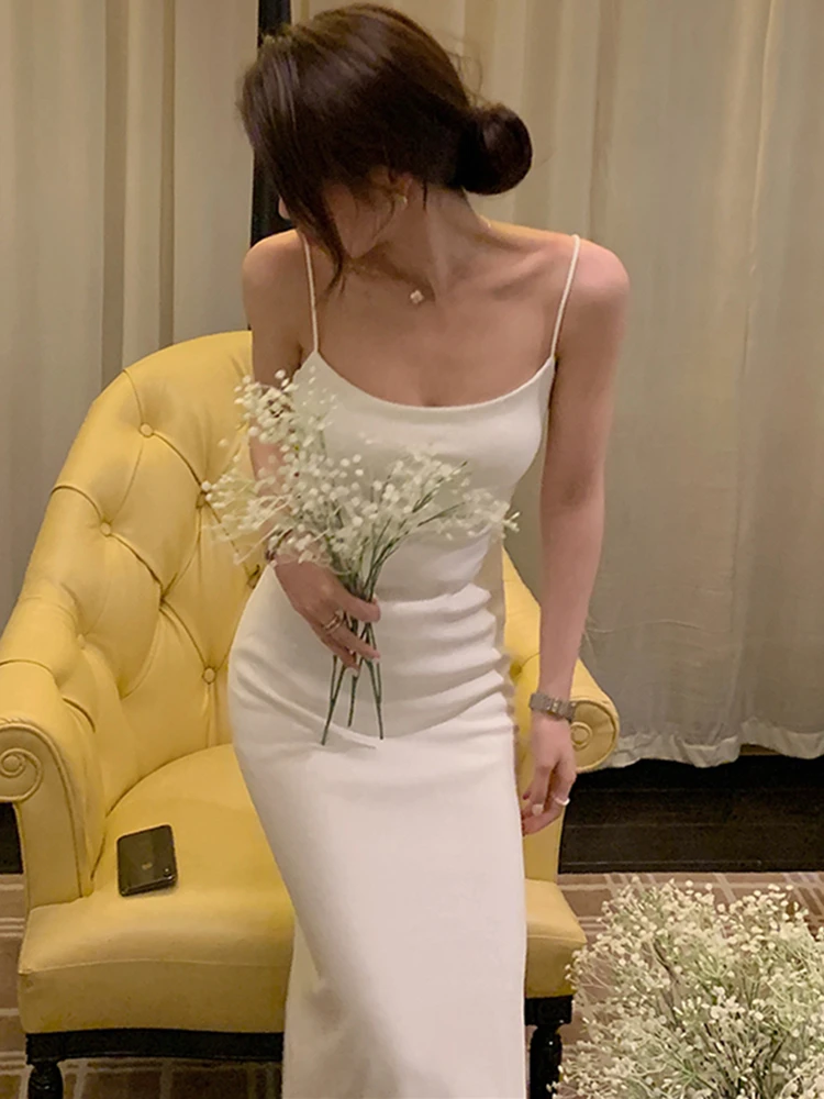 

Summer Women New Spaghetti Strap Elegant Party Dress Female Fashion Sexy Split Midi Dress Ladies Sleeveless Beach Clothes