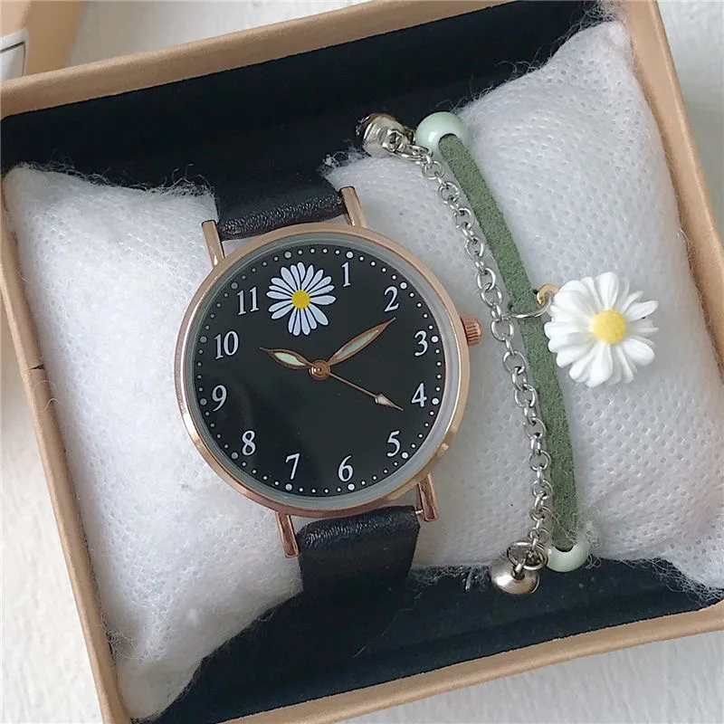 

2022 Fashion New Women Watch Simple Black Leather Strap Quartz Wristwatches Daisy Bracelet Ladies Casual Dress Sport Clock Reloj