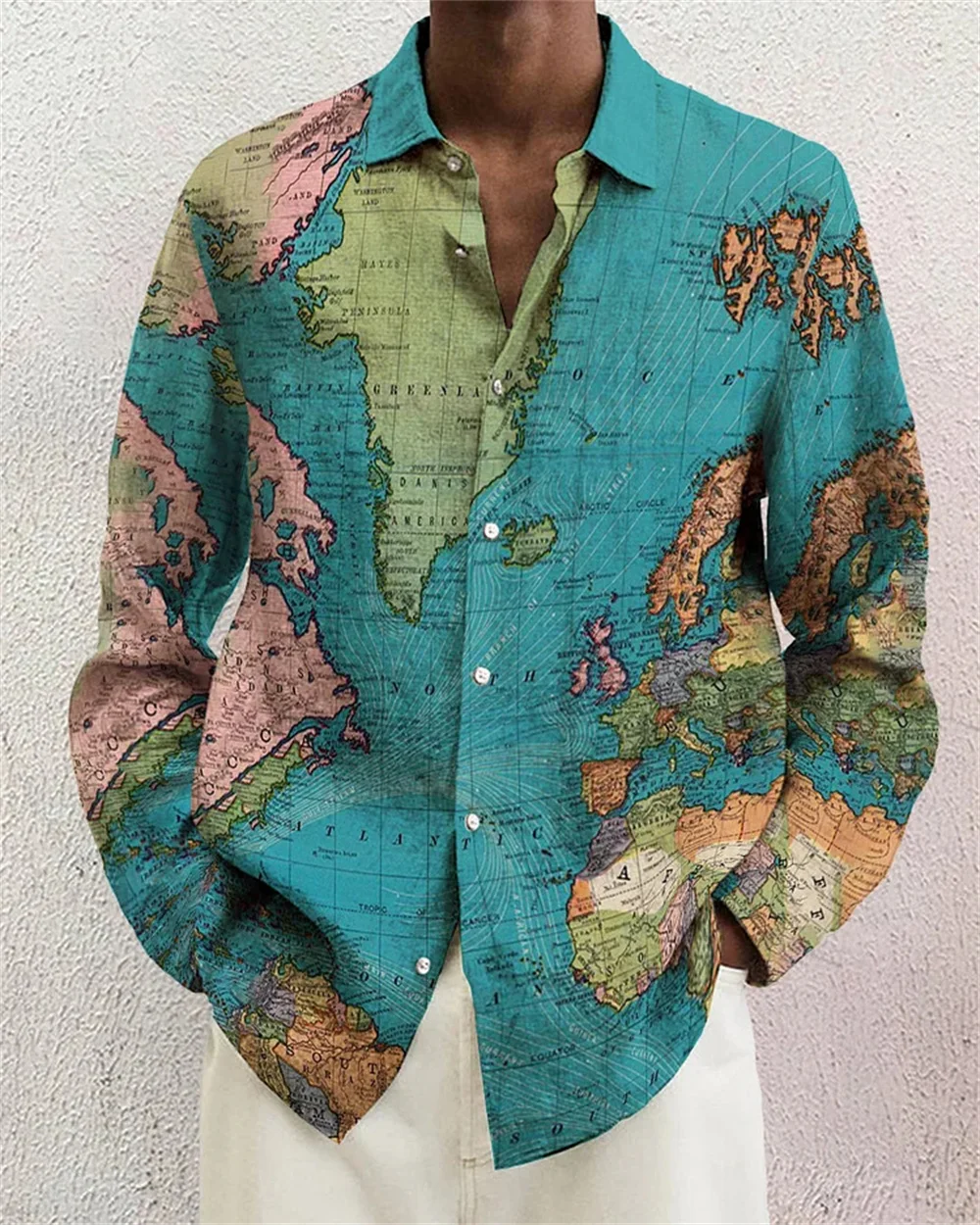 Spring Fashion Social Men's High Quality Long Sleeve Single breasted Shirt New Men's Map Print Shirt Street Designer Style Top