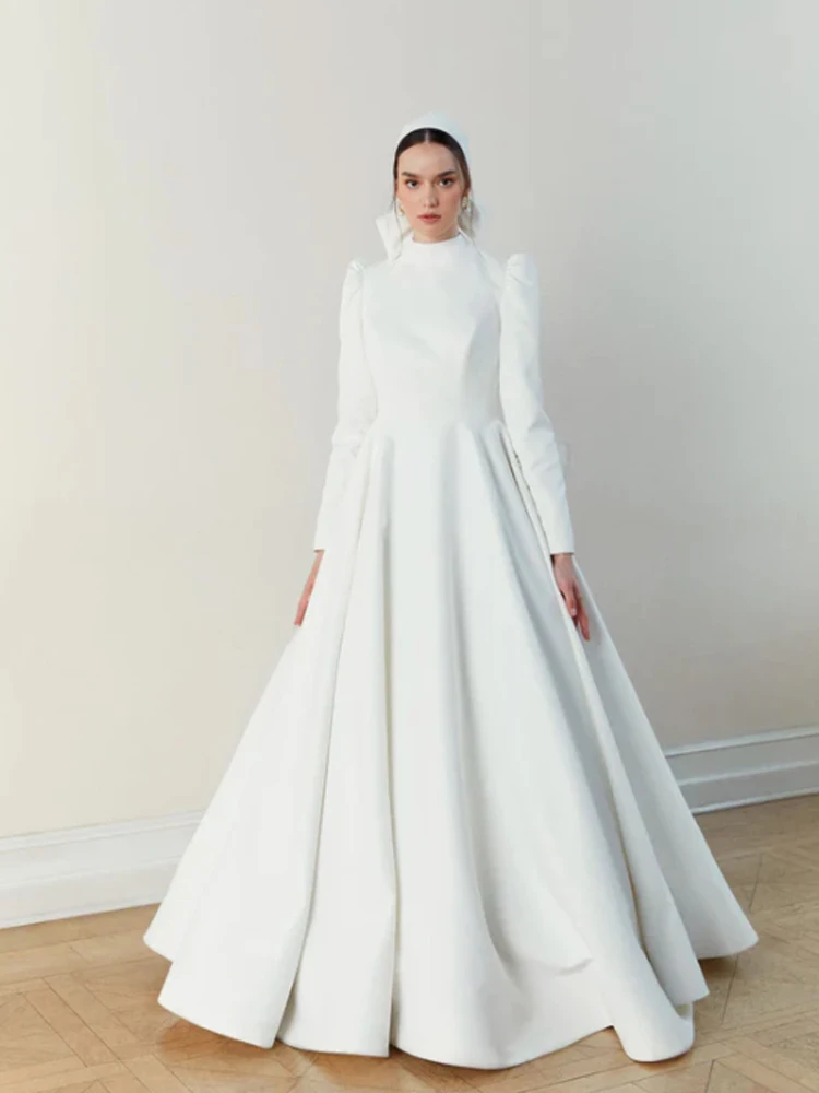 

Wedding Dresses for Women Muslim High Neck Long Sleeves Floor-Length A-Line Sweep Train Bow Back Button Formal Bride Gown 2023