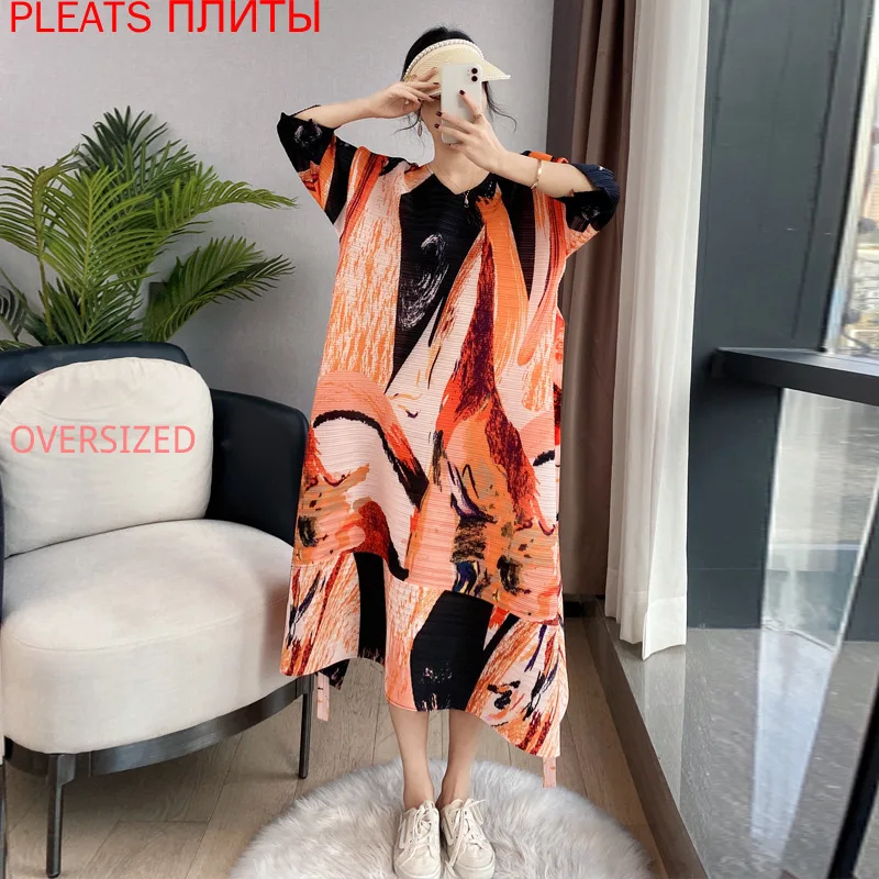 Miyake Pleated Dress Women's Spring and Summer Temperament Loose Show Thin Large Size Three-quarter Sleeve Printed Vestido