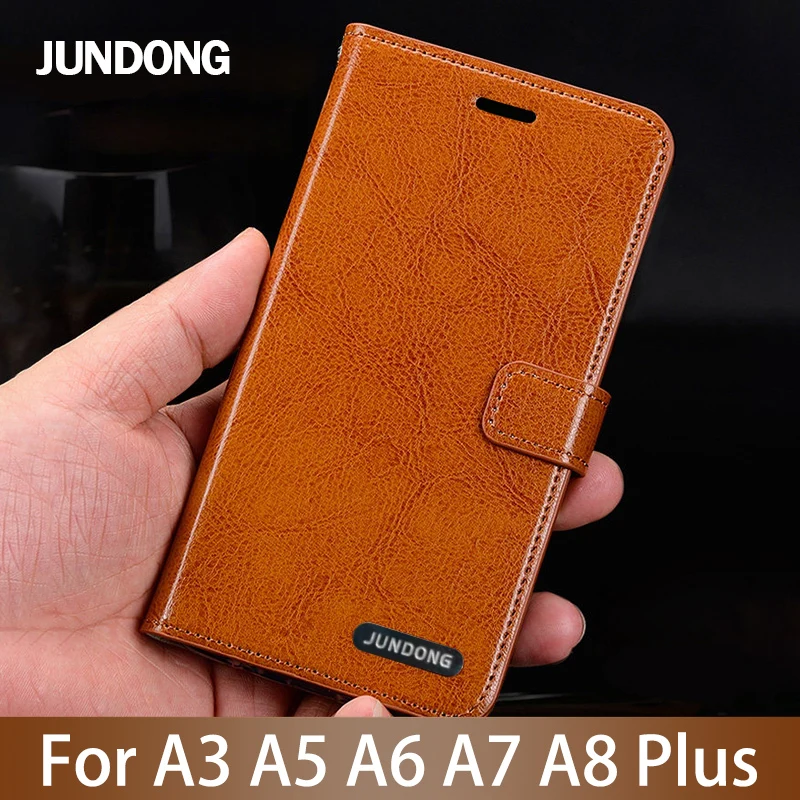 

Leather Flip Phone Case For Samsung A5 A6+ A7 2017 A8 plus A9 2018 case Cowhide Oil wax skin Card slots Cover