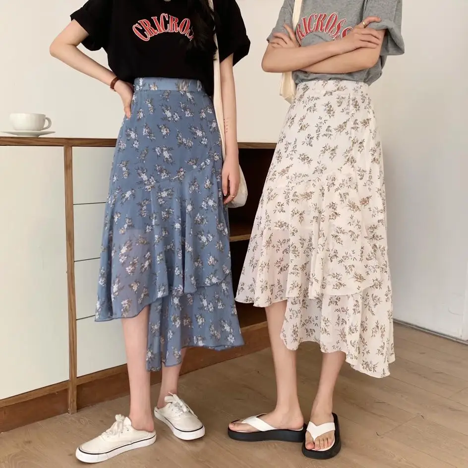 

Korean Floral Print Summer Chiffon Skirts Women Elegant Casual Long Skirt Vintage Beach Boho Skirt Slim Irregular Office Lady